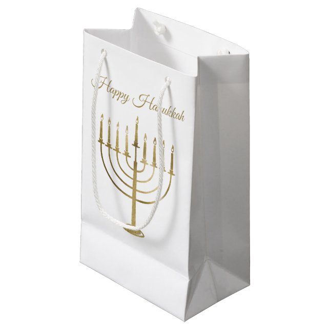 Glücklicher Chanukka-Imitat-GoldMenorah Kleine Geschenktüte (Vorderseite Schrägansicht)