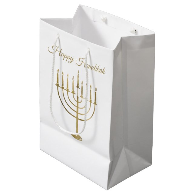 Glücklicher Chanukka-Imitat-GoldMenorah Mittlere Geschenktüte (Vorderseite Schrägansicht)