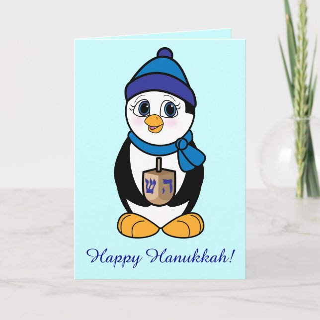 Glücklicher Chanukka Pinguin und Dreidel Feiertagskarte (Vorderseite)