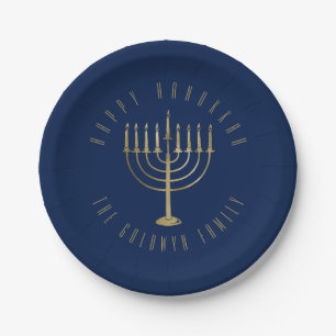 Glücklicher Chanukkablau und -goldMenorah Feierta Pappteller