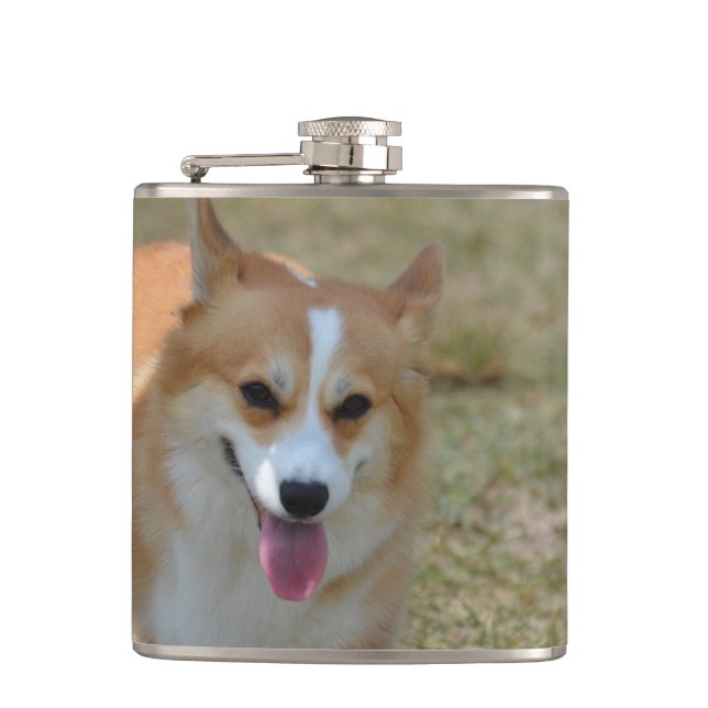 Glücklicher Corgi Flachmann (Vorderseite)
