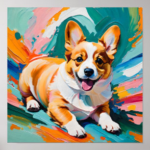 Glücklicher Corgi in Farbexplosion - Abstrakt Poster