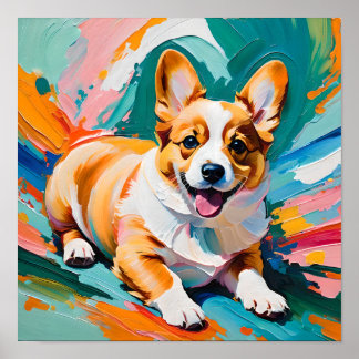 Glücklicher Corgi in Farbexplosion - Abstrakt Poster