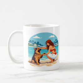 Glücklicher Deutscher Schäferhund und Frau verbind Kaffeetasse