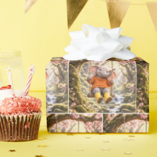 Glücklicher Elefant auf einer Kirschbaumschaukel Geschenkpapier
