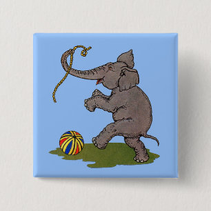 glücklicher Elefant, der mit Seil und Ball spielt Button