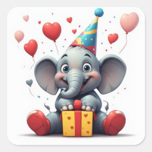 Glücklicher Elefant Geburtstag mit Ballons 🐘 Quadratischer Aufkleber