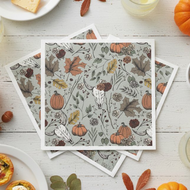 Glücklicher Erntedankend Kuh Schädel Fall Ernte Serviette (Elegant Sage Green Fall Cow Skulls Thanksgiving Paper Napkins. Unique Rustic Pumpkins, Autumn Leaves)