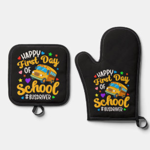 Glücklicher erster Schultag Busfahrer Back to Scho Ofenhandschuh & Topflappen-Set