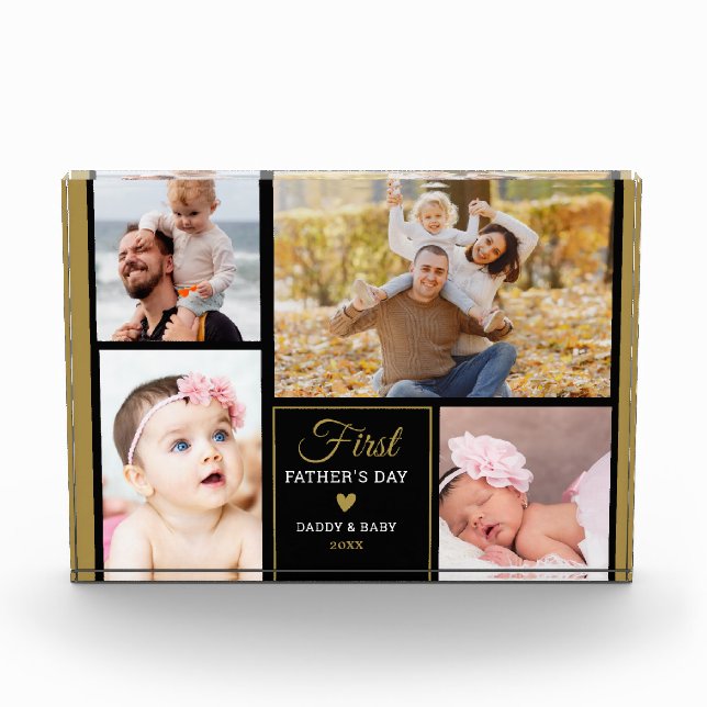 Glücklicher Erster Vatertag 4 Foto Schwarz und Gol (Vorderseite)