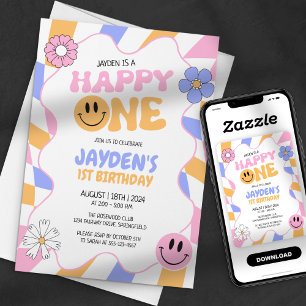 Glücklicher Erster Y2k Retro Groovy Smiley-Gesicht Einladung
