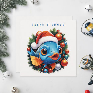Glücklicher Fisch mit Weihnachtsmannmütze. Feiertagskarte