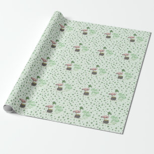 Glücklicher Flamingo Grüner Kleeblatt Geschenkpapier