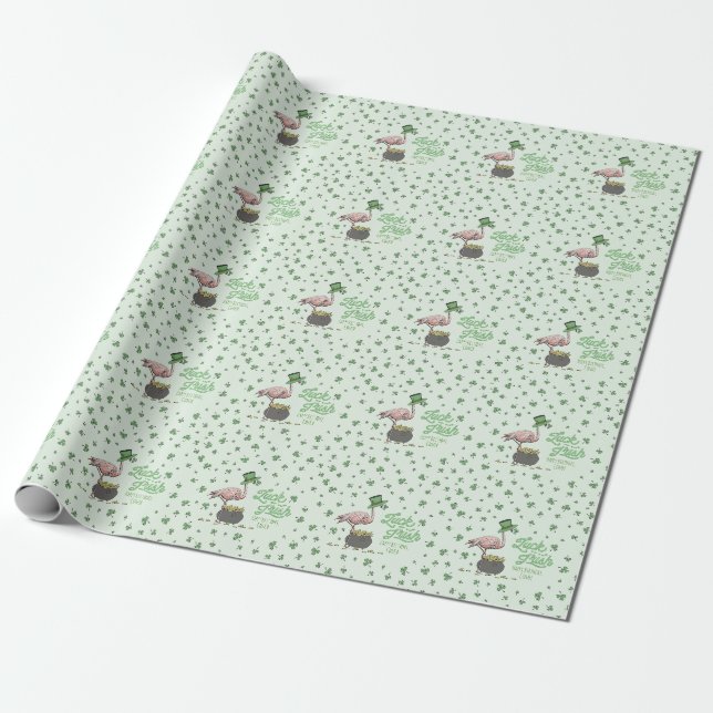 Glücklicher Flamingo Grüner Kleeblatt Geschenkpapier (Ungerollt)