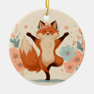 Glücklicher Fuchs mit Blumen – Niedliche, fantasie Keramik Ornament