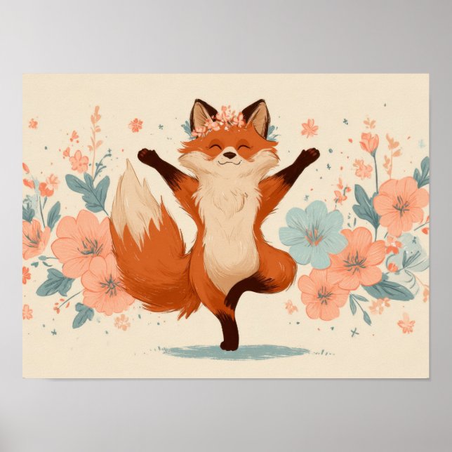 Glücklicher Fuchs mit Blumen – Süße whimische Tier Poster (Vorne)
