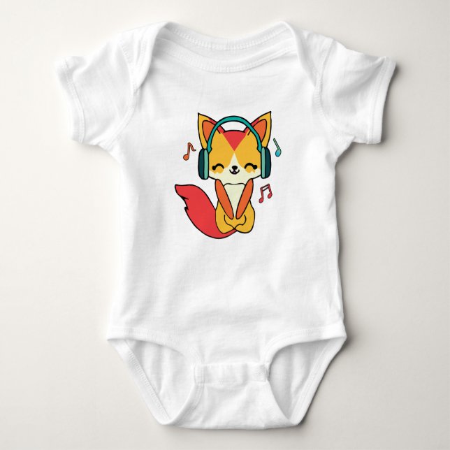 Glücklicher Fuchs mit Kopfhörern, der Musik hört. Baby Strampler (Vorderseite)