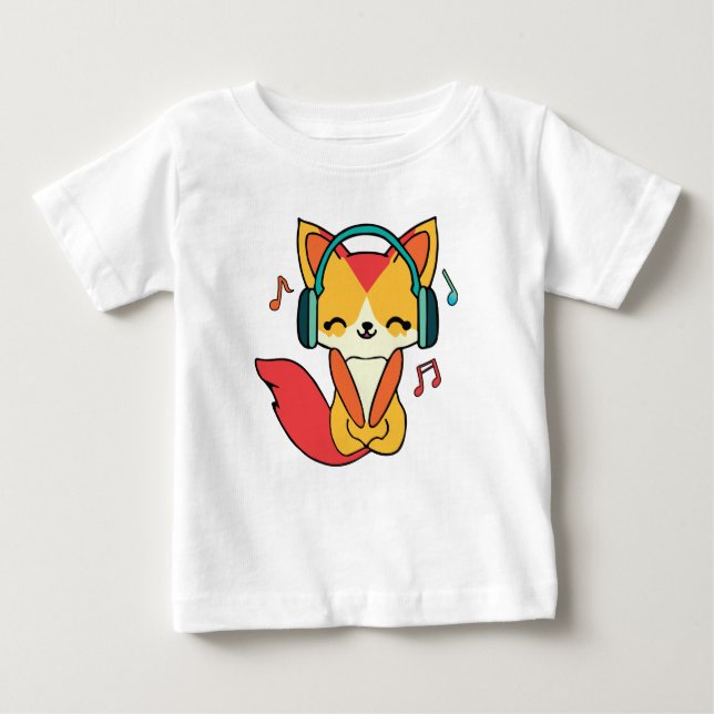 Glücklicher Fuchs mit Kopfhörern, der Musik hört. Baby T-shirt (Vorderseite)