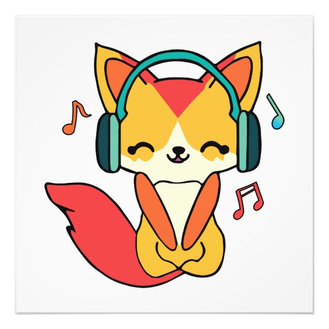 Glücklicher Fuchs mit Kopfhörern, der Musik hört. Fotodruck (Vorne)