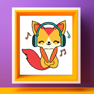 Glücklicher Fuchs mit Kopfhörern, der Musik hört. Fotodruck