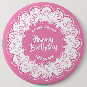 Glücklicher Geburtstag, 100. rosa/weiße Zahlenmu Button