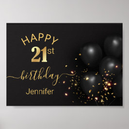 glücklicher Geburtstag 21 goldene schwarze Ballons Poster