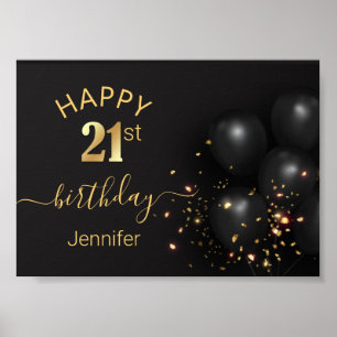 glücklicher Geburtstag 21 goldene schwarze Ballons Poster