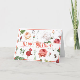 GLÜCKLICHER GEBURTSTAG BOTANISCHE ROSE DRUCKKKARTE KARTE