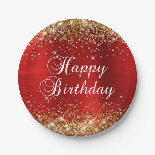 Glücklicher Geburtstag Gold Glitter Rote Folie Pappteller