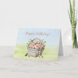 Glücklicher Geburtstag Korb mit rosa Rosen Karte