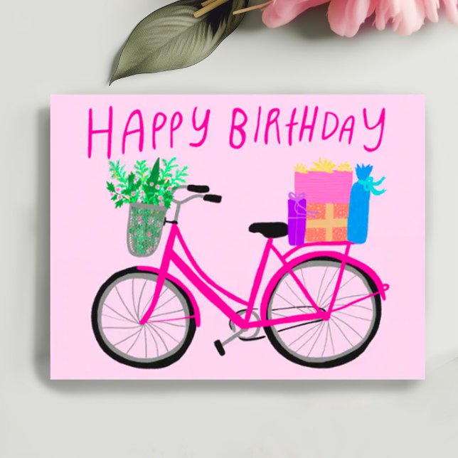 GLÜCKLICHER GEBURTSTAG Niedlich-rosa FahrradCustom Postkarte (Happy birthday cheerful pink bicycle with gifts and flowers. Add your own text customize  postcard)