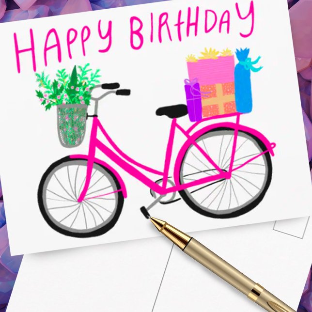 GLÜCKLICHER GEBURTSTAG Niedlich-rosa FahrradCustom Postkarte (Happy Birthday card with cute bicycle illustration)