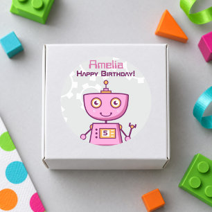 Glücklicher Geburtstag rosa Robotermädchen Runder Aufkleber