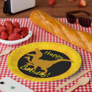 Glücklicher Geburtstag zum Gold-Dinosaurier-Leder! Pappteller