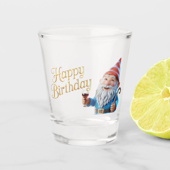 Glücklicher Geburtstags-Gnom-Charakter-Grafik Schnapsglas (Vorderseite)