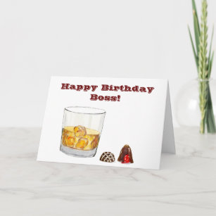 Glücklicher Geburtstagsboss mit Whiskey und Schoko Karte