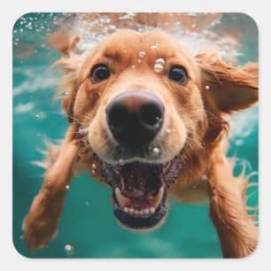 Glücklicher Golden Retriever Schwimmt Unterwasser Quadratischer Aufkleber