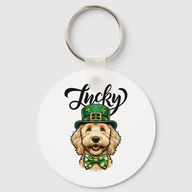 Glücklicher Goldendoodle Hund St. Patrick Tag Kind Schlüsselanhänger (Vorderseite)