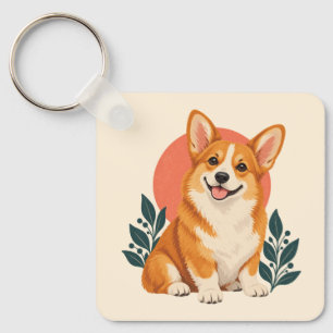 Glücklicher goldener Corgi mit Korallen-Sonnen-Anh Schlüsselanhänger