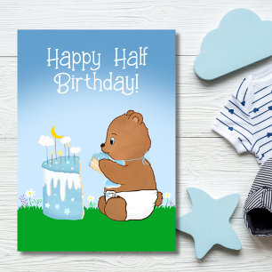 Glücklicher halber Geburtstag Teddybär beim Kuchen Karte