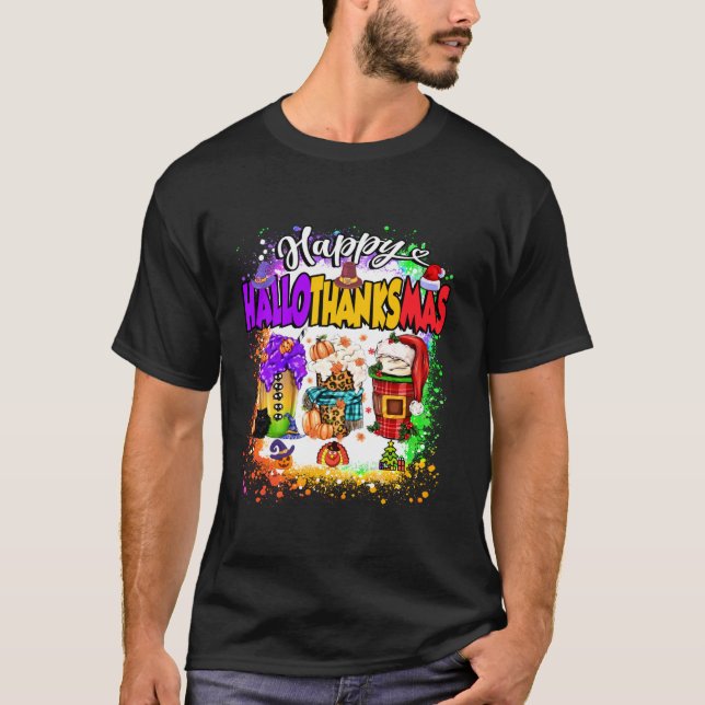 glücklicher Hallothanksmas Glass Halloween-Ernteda T-Shirt (Vorderseite)