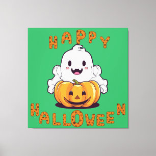 Glücklicher Halloween Geist sitzend auf einem Kürb Leinwanddruck
