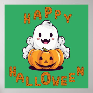 Glücklicher Halloween Geist sitzend auf einem Kürb Poster