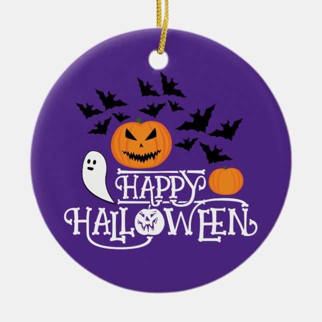 Glücklicher Halloween Kürbis Gespenst Fledermäuse  Keramik Ornament (Vorne)