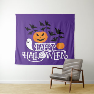 Glücklicher Halloween Kürbis Gespenst Fledermäuse Wandteppich