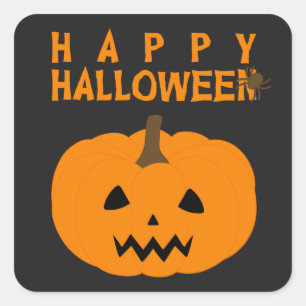 Glücklicher Halloween-Text und Kürbis auf Schwar Quadratischer Aufkleber