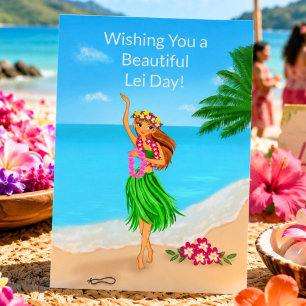 Glücklicher Hawaiian Lei Day Hula Mädchen Strand Karte