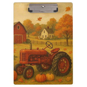 Glücklicher Herbst klassischer Traktor und Bauernh Klemmbrett