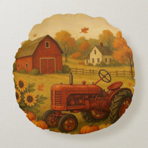 Glücklicher Herbst klassischer Traktor und Bauernh Rundes Kissen
