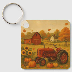 Glücklicher Herbst klassischer Traktor und Bauernh Schlüsselanhänger